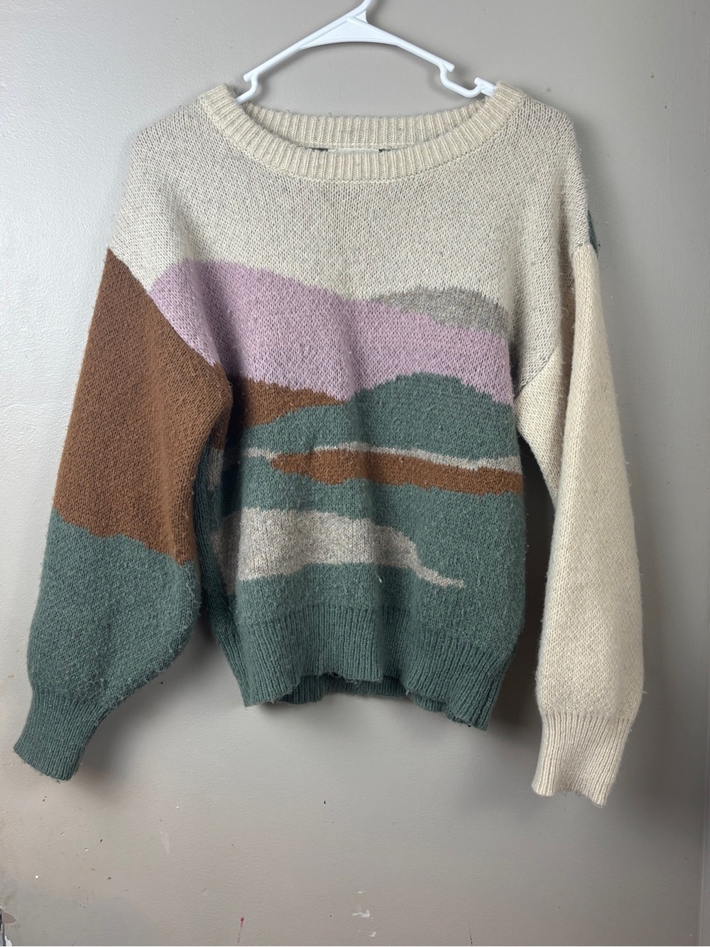 Universal Thread Cream Crewneck Sweater with Green, Brown & Mauve Panels